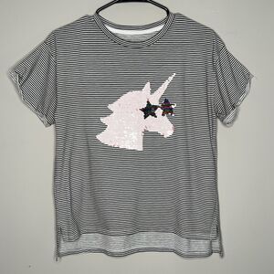 Arizona Top Girls 14 White Stripe Sequin Unicorn Short Sleeve